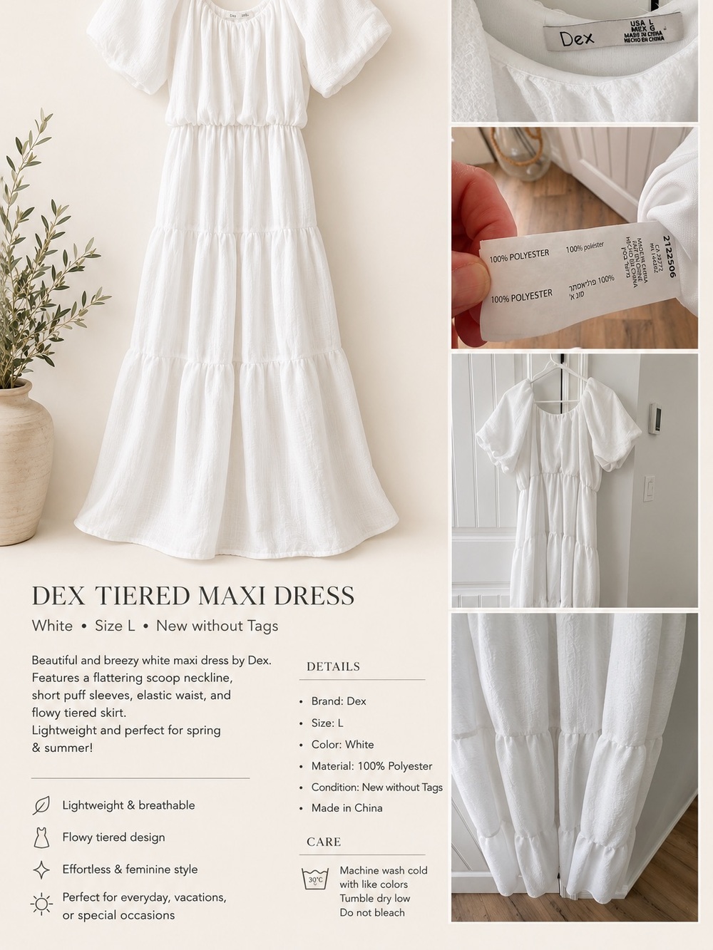Dex White Tiered Maxi Dress with Puff Sleeves